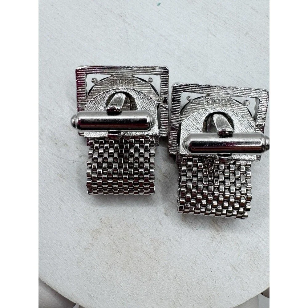 Vtg Swank Silver Tone Rectangular Grey Moonglow Oval Cabochon Mesh Cufflinks